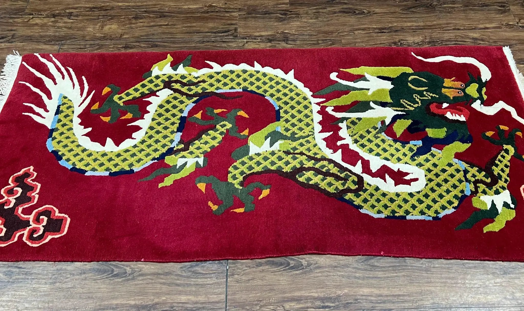 Vintage Chinese Dragon Rug 3 x 6.8, Handmade Hand Knotted Red Chinese Carpet with Gold Dragon, Art Deco Peking Soft Chinese Rug Runner by Jewel Rugs