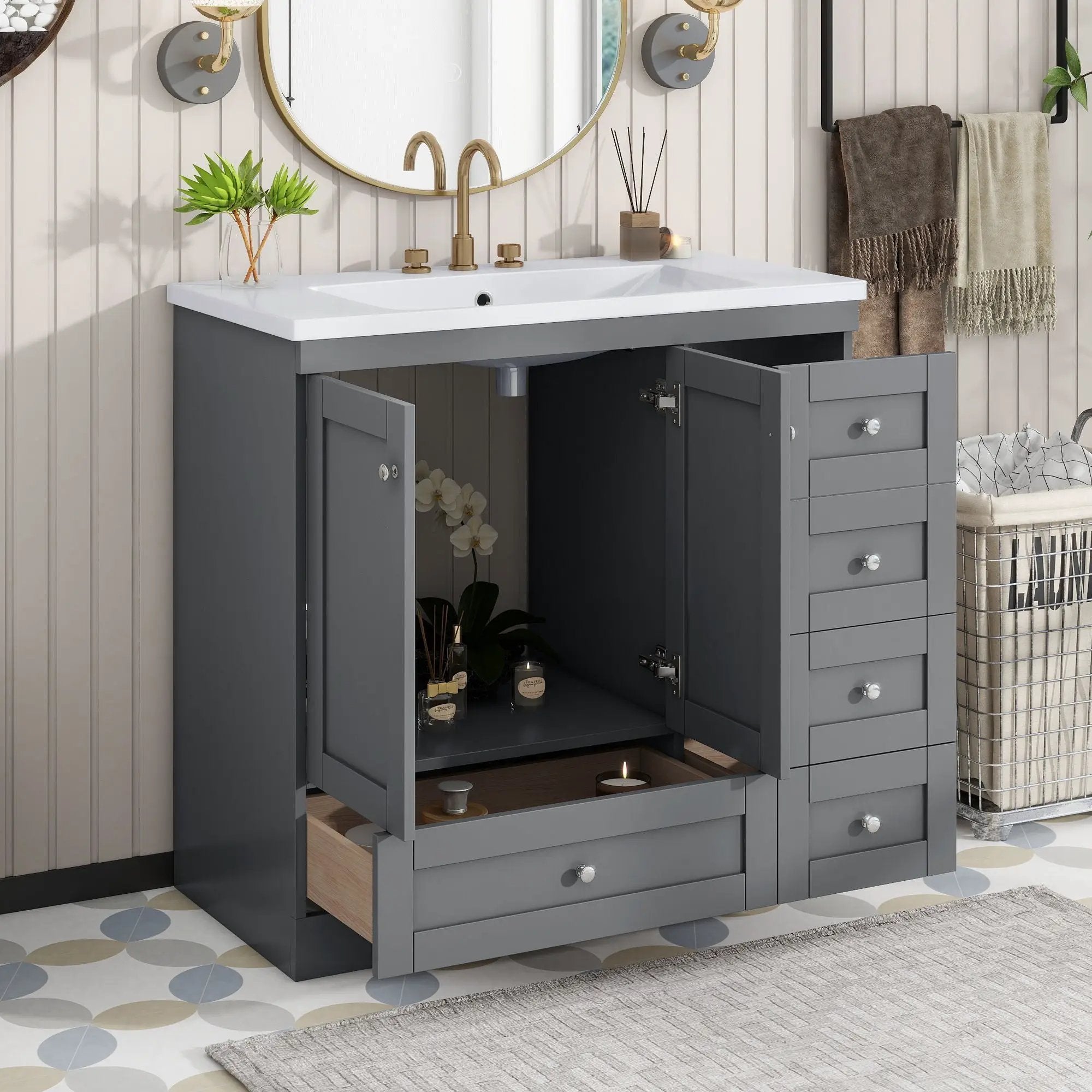 Shaker Free Standing Bathroom Vanity Cabinet With Sink, Soft Close Drawers, Soft Close Doors by HouseOfZazla