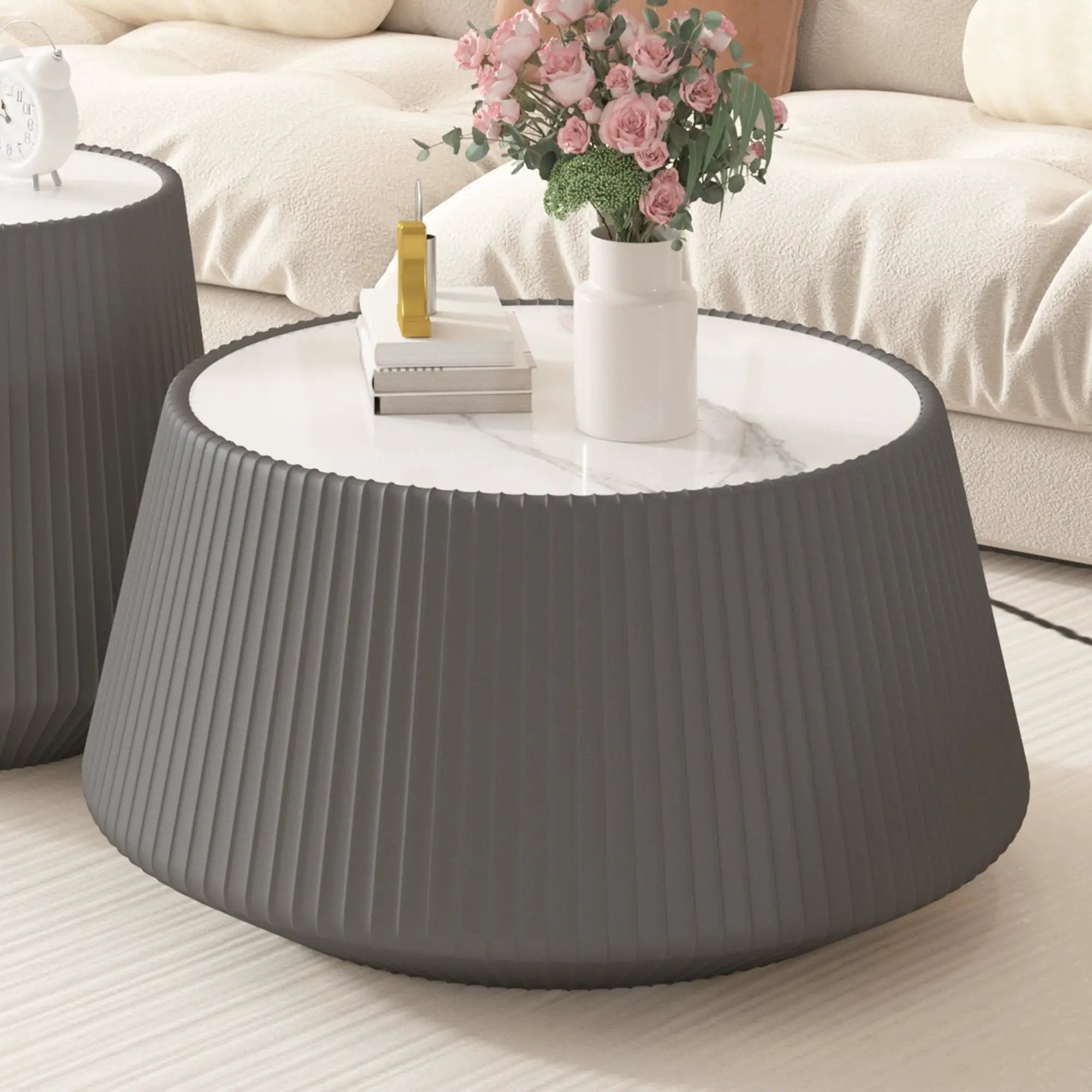 Light Sintered Stone Top Cup Shape Leather Coffee Table by HouseOfZazla