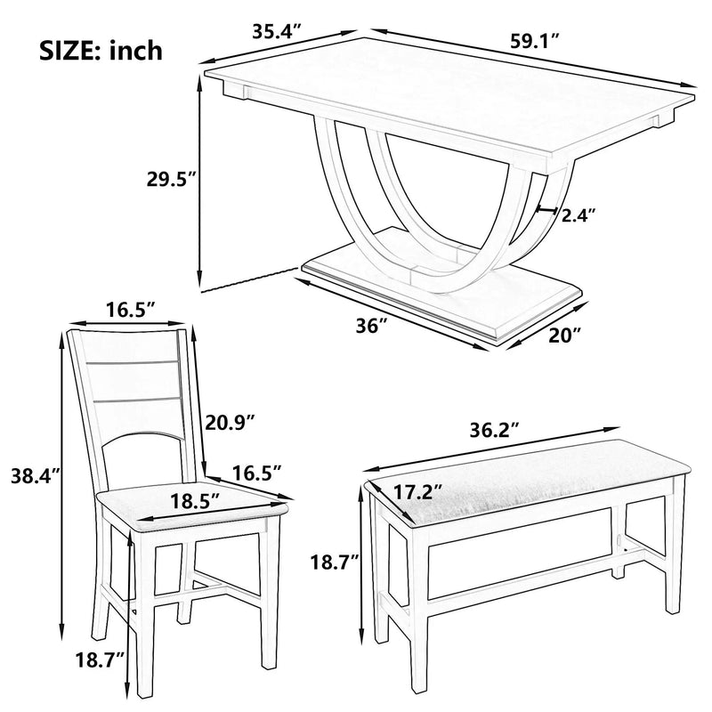 Topmax - 6 Piece Wood Half Round Dining Table Set Kitchen Table Set With Long Bench And 4 Dining Chairs, Modern Style by Unique Piece Furniture