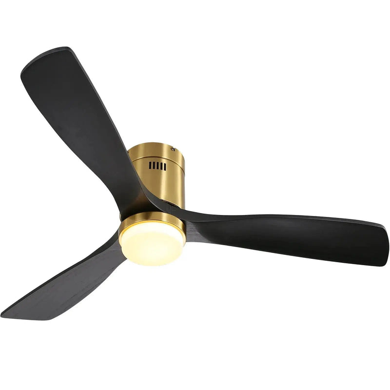 Flush Mount Ceiling Fan With 3 Solid Wood Blades Remote Control Reversible DC Motor For Living Room - Gold by HouseOfZazla