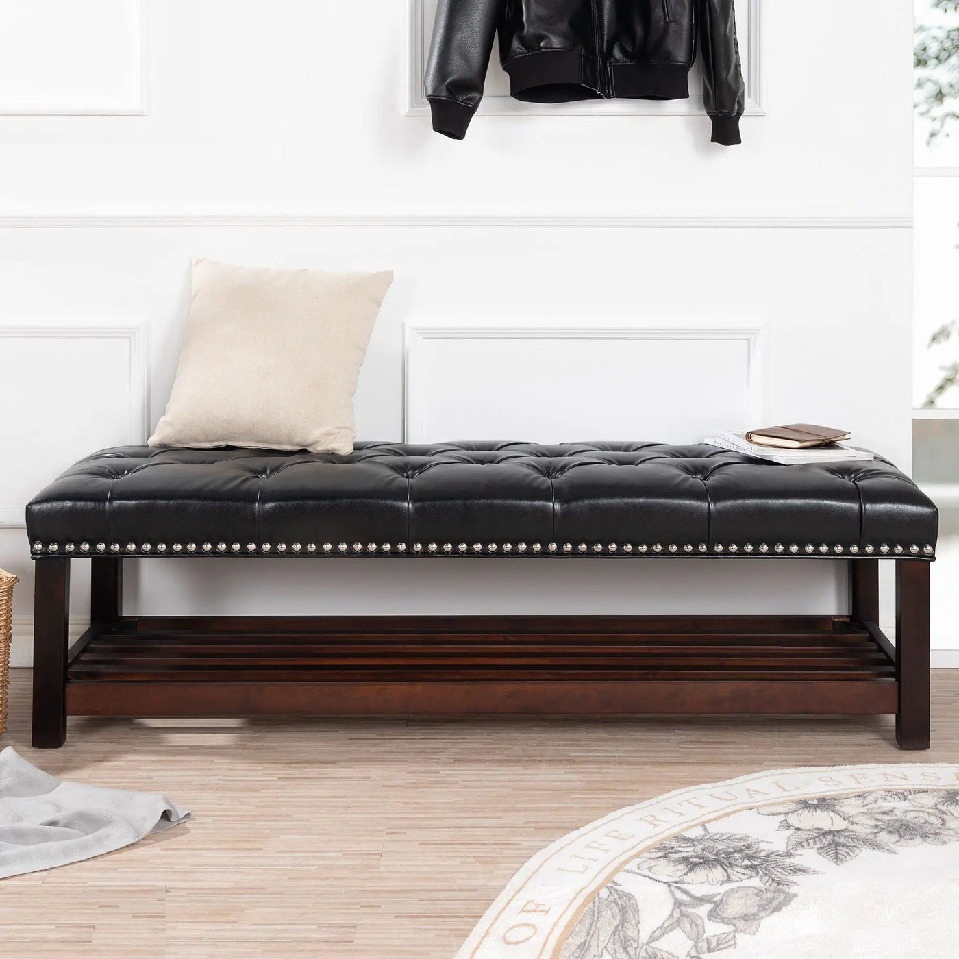 Bedroom End Of Bed Bench Tufted Upholstered End Of Bed Bench End Of Bed Entrance Shoe Bench With Nailhead Trim And Shelf Bedroom Upholstered Bench Living Room Shoe Rack Footstool by HouseOfZazla