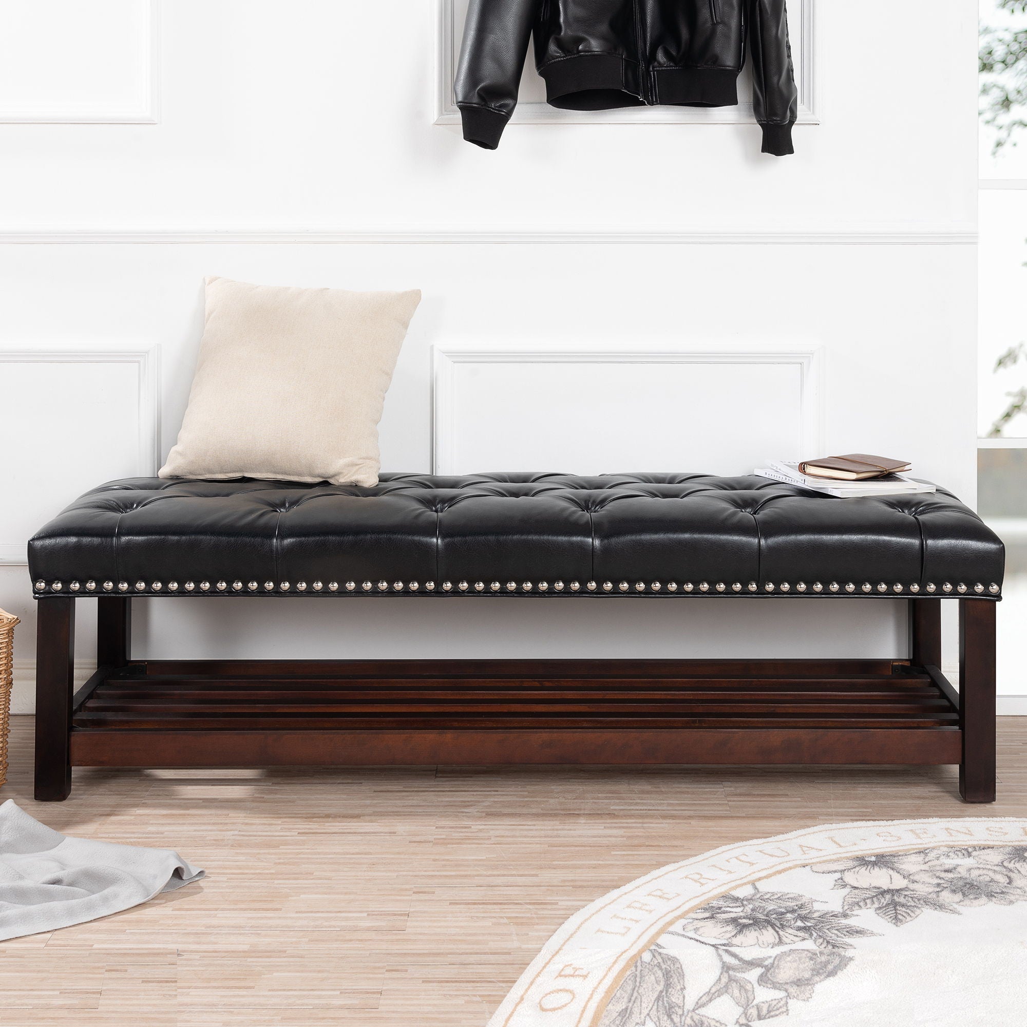 Bedroom End Of Bed Bench Tufted Upholstered End Of Bed Bench End Of Bed Entrance Shoe Bench With Nailhead Trim And Shelf Bedroom Upholstered Bench Living Room Shoe Rack Footstool by Unique Piece Furniture