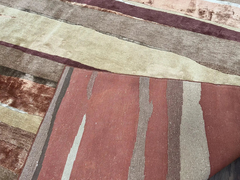 Modern Tibetan Rug 8x11 Nepali Carpet, Shiny Velvely Soft Wool and Silk, Contemporary Hand Knotted Rug, Striped Design, Wool Area Rug 8 x 11 by Jewel Rugs