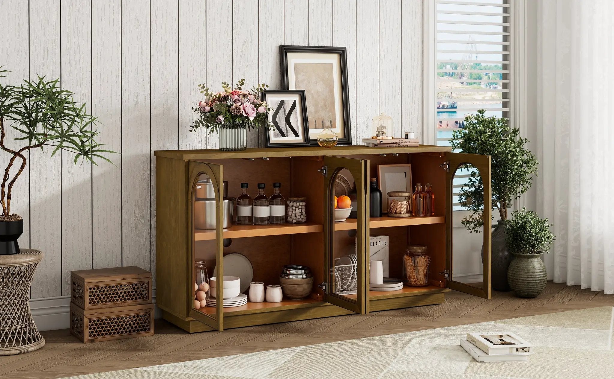 TREXM 4-Door Large Storage Buffet Cabinet with Glass Doors by HouseOfZazla