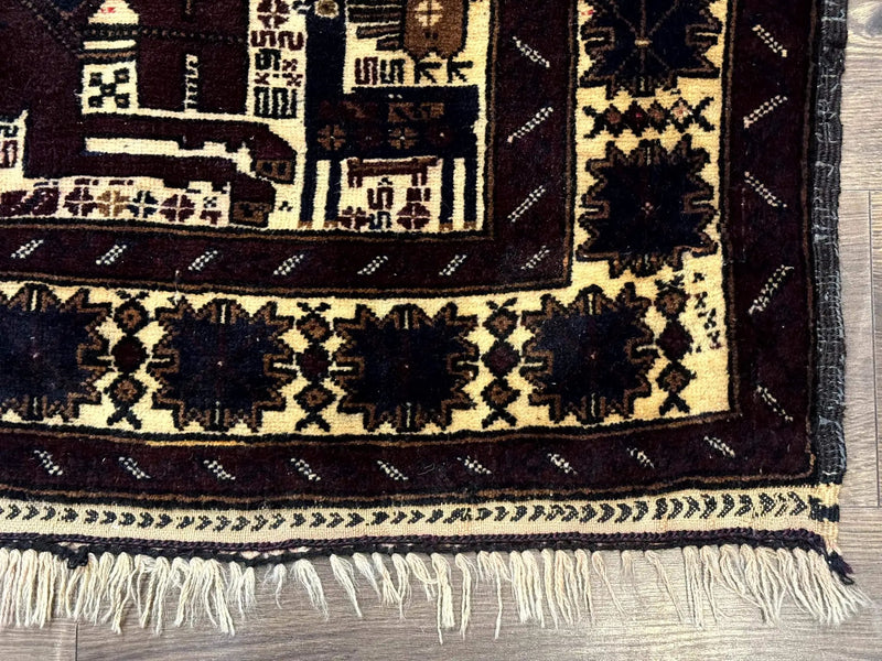 Persian Baluch Tribal Rug 4x6, Human and Bird Pictorials, Vintage, Wool, Collectible by Jewel Rugs