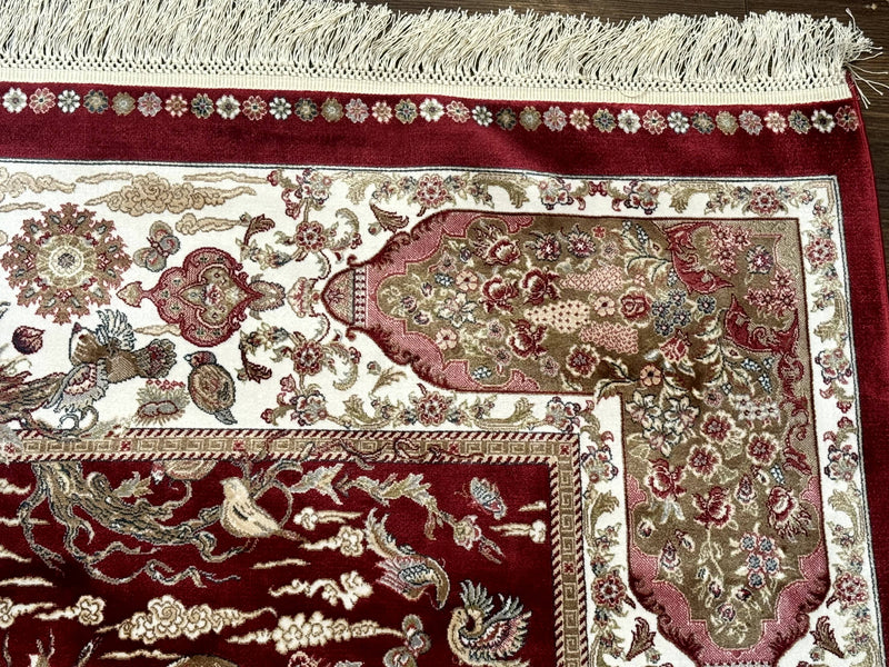 Turkish Silk Hunting Scene Rug 5 x 7.6, Red & Ivory, Bamboo Silk, New by Jewel Rugs
