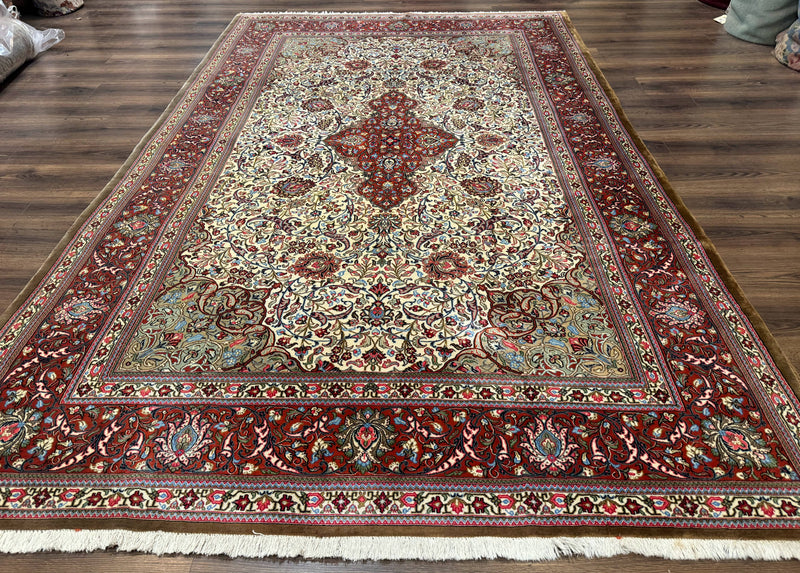 Persian Qum Rug 7x11, Beige and Red, Highly Detailed Floral Pattern, Fine 260 KPSI by Jewel Rugs