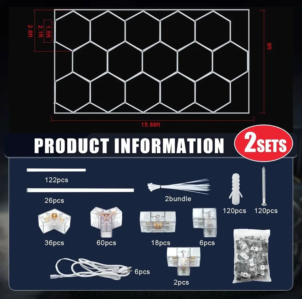 Open Box Baquler 15 Hexagon LED Garage Light System Honeycomb LED Shop Lights with White Border for Garage Workshop Car Detailing Shop Exhibition Hall by Selzalot