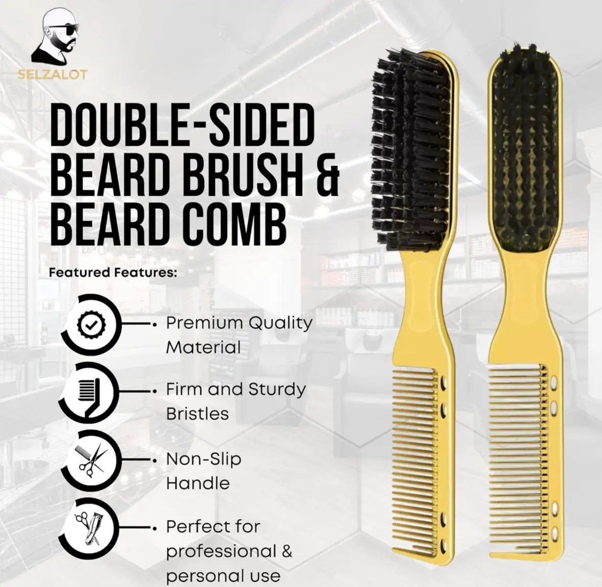 Double-Sided Beard Brush & Beard Comb Barber Brush for Grooming Beard Non-Slip & Sturdy Bristle Brush for Clean Cuts Professional Barber Comb for Beard & Hair Edge Control Brush Barber Accessories by Selzalot