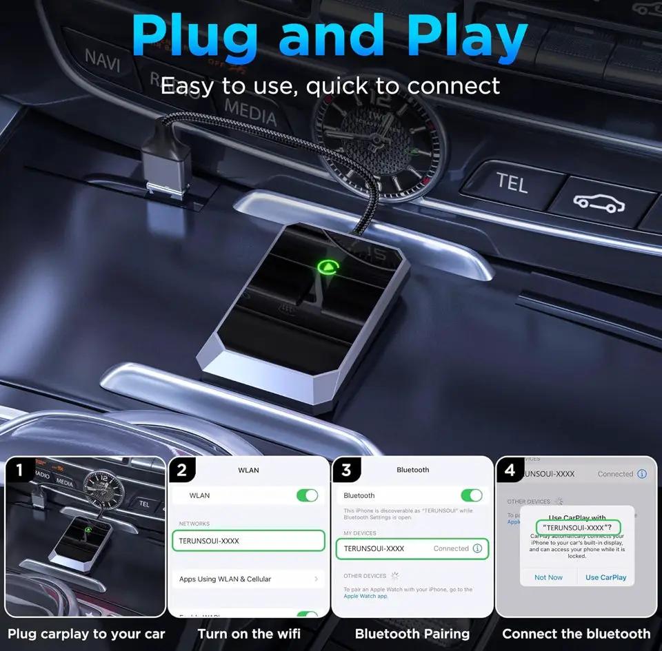 Brand New TERUNSOUI Wireless Carplay Adapter, Converts Wired to Wireless carplay Adapter for iPhone, Wireless Control Plug & Play Carplay for Cars from 2017 & for Apple iPhone iOS 10+ by Selzalot