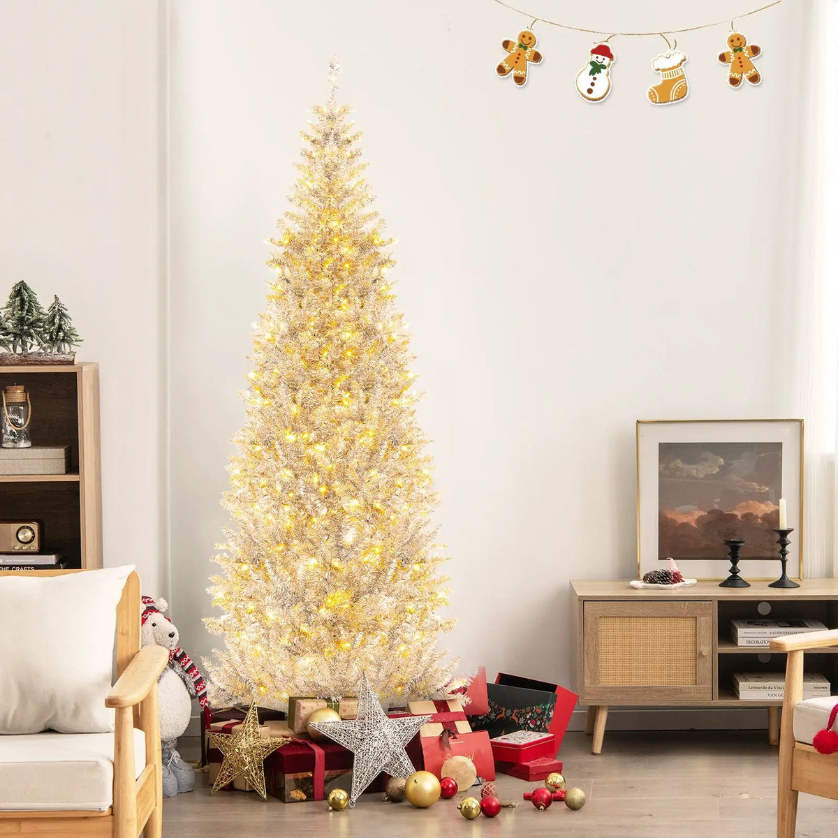 6/7 FT Pre-Lit Artificial Silver Tinsel Xmas Tree with 790 Branch Tips and 300 LED Lights by DirectDeals