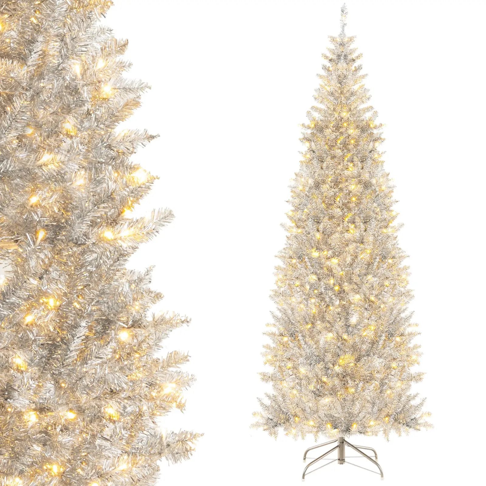6/7 FT Pre-Lit Artificial Silver Tinsel Xmas Tree with 790 Branch Tips and 300 LED Lights by DirectDeals
