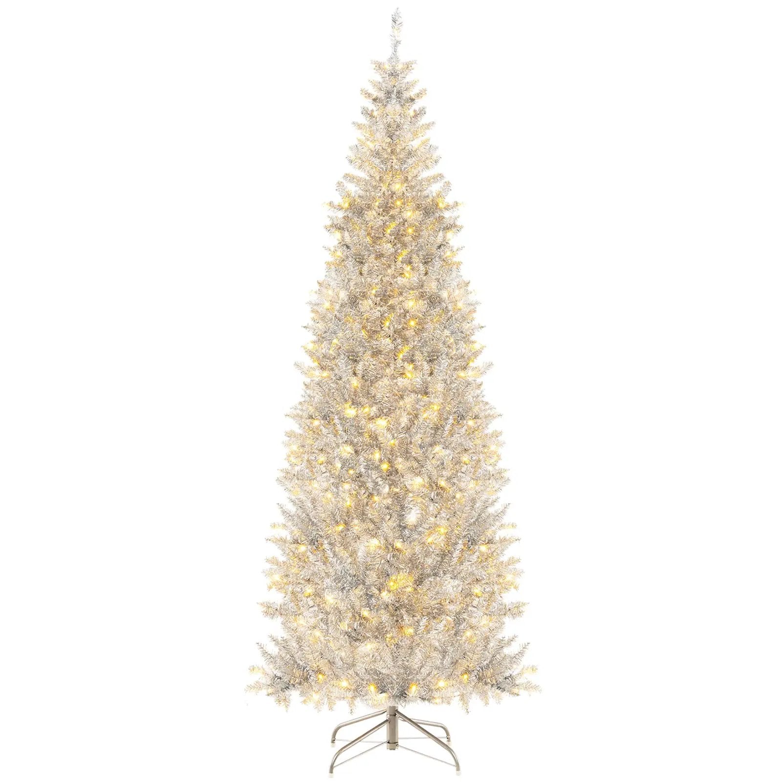 6/7 FT Pre-Lit Artificial Silver Tinsel Xmas Tree with 790 Branch Tips and 300 LED Lights by DirectDeals