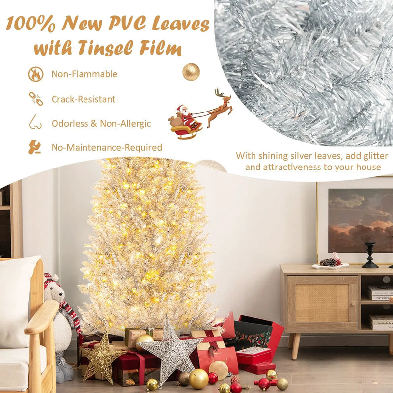 6/7 FT Pre-Lit Artificial Silver Tinsel Xmas Tree with 790 Branch Tips and 300 LED Lights by DirectDeals