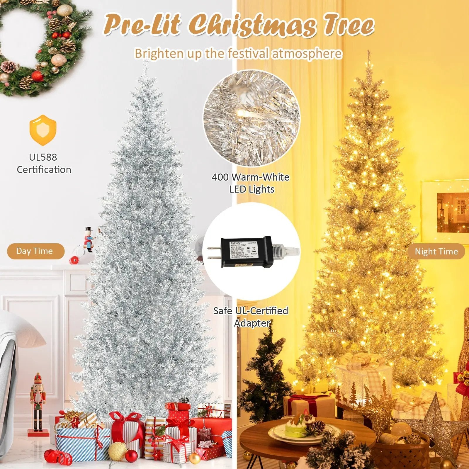 6/7 FT Pre-Lit Artificial Silver Tinsel Xmas Tree with 790 Branch Tips and 300 LED Lights by DirectDeals