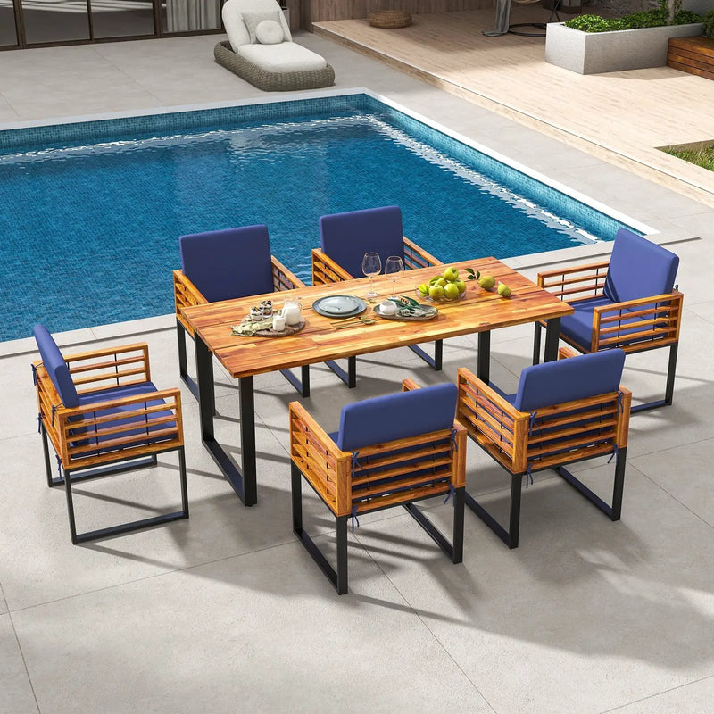 7 Pieces Patio Acacia Wood Dining Chair and Table Set for Backyard and Poolside-Navy by DirectDeals