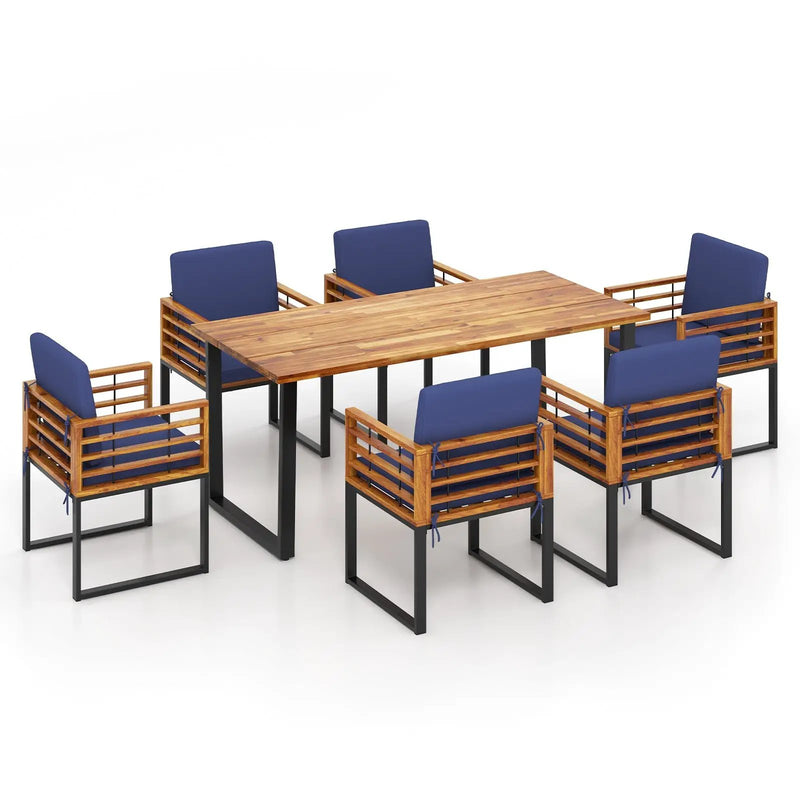 7 Pieces Patio Acacia Wood Dining Chair and Table Set for Backyard and Poolside-Navy by DirectDeals