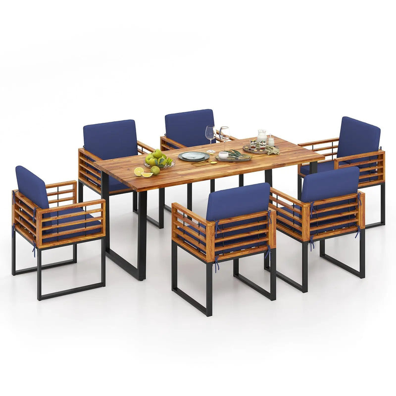 7 Pieces Patio Acacia Wood Dining Chair and Table Set for Backyard and Poolside-Navy by DirectDeals