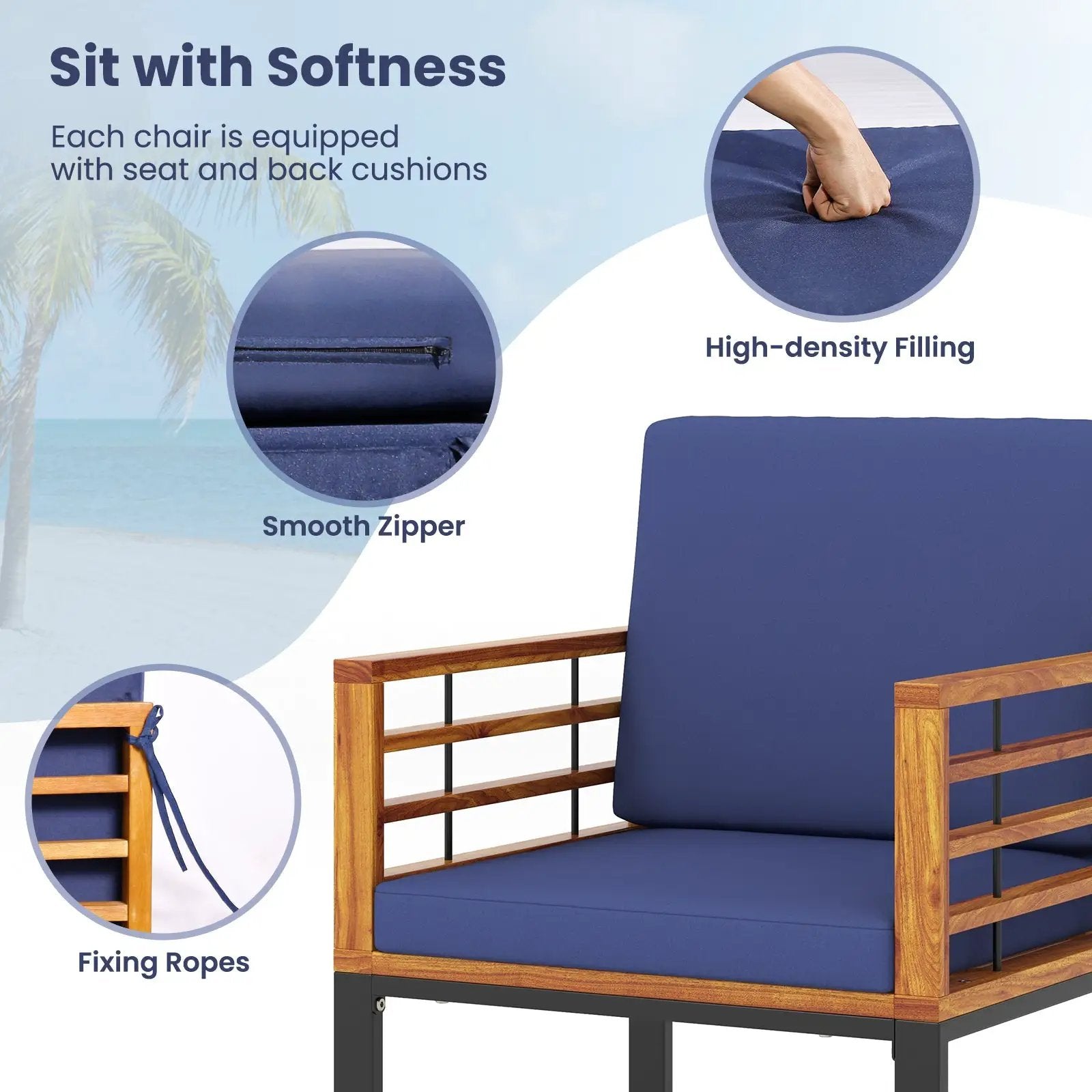 7 Pieces Patio Acacia Wood Dining Chair and Table Set for Backyard and Poolside-Navy by DirectDeals