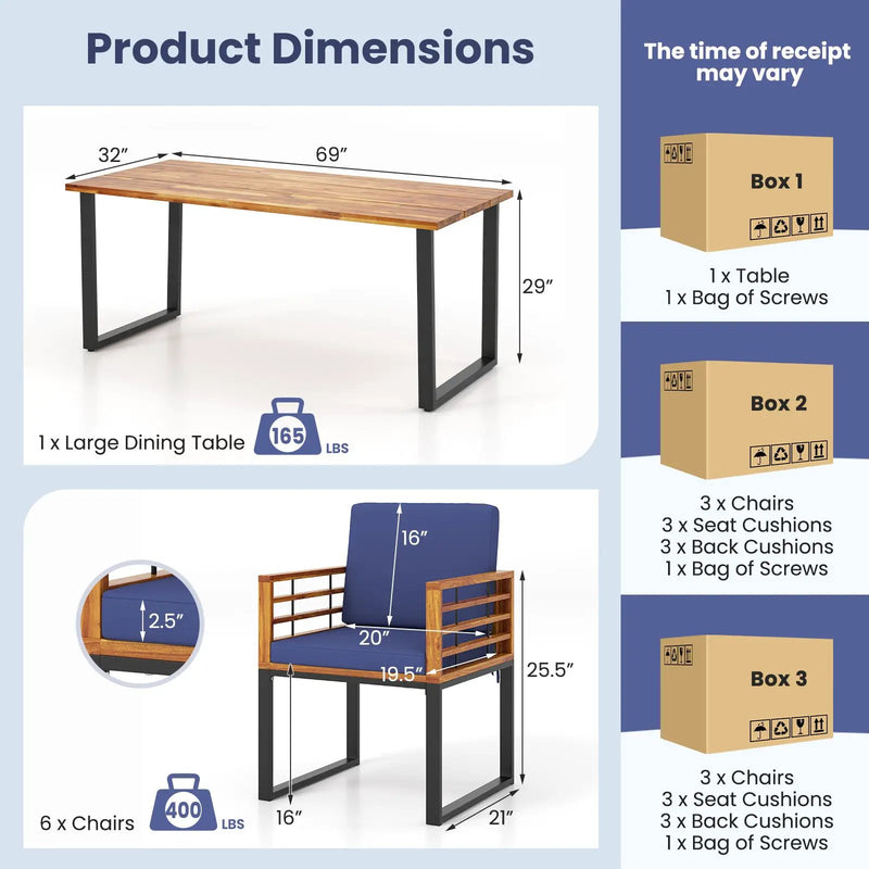 7 Pieces Patio Acacia Wood Dining Chair and Table Set for Backyard and Poolside-Navy by DirectDeals