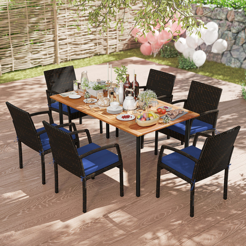 7 Pieces Outdoor Dining Set Acacia Wood Table with Umbrella Hole and Cushions by DirectDeals