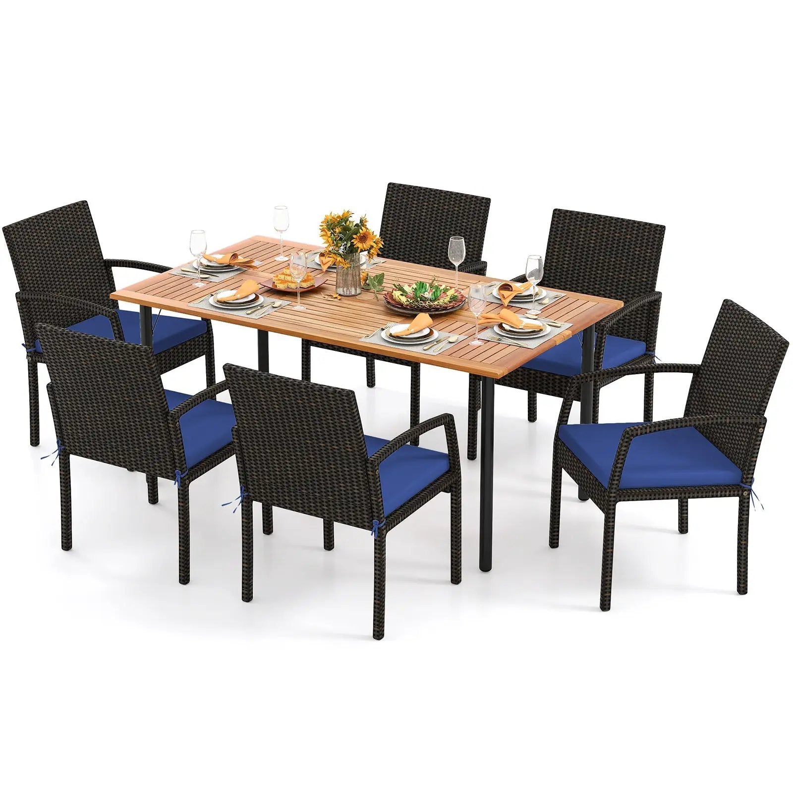 7 Pieces Outdoor Dining Set Acacia Wood Table with Umbrella Hole and Cushions by DirectDeals