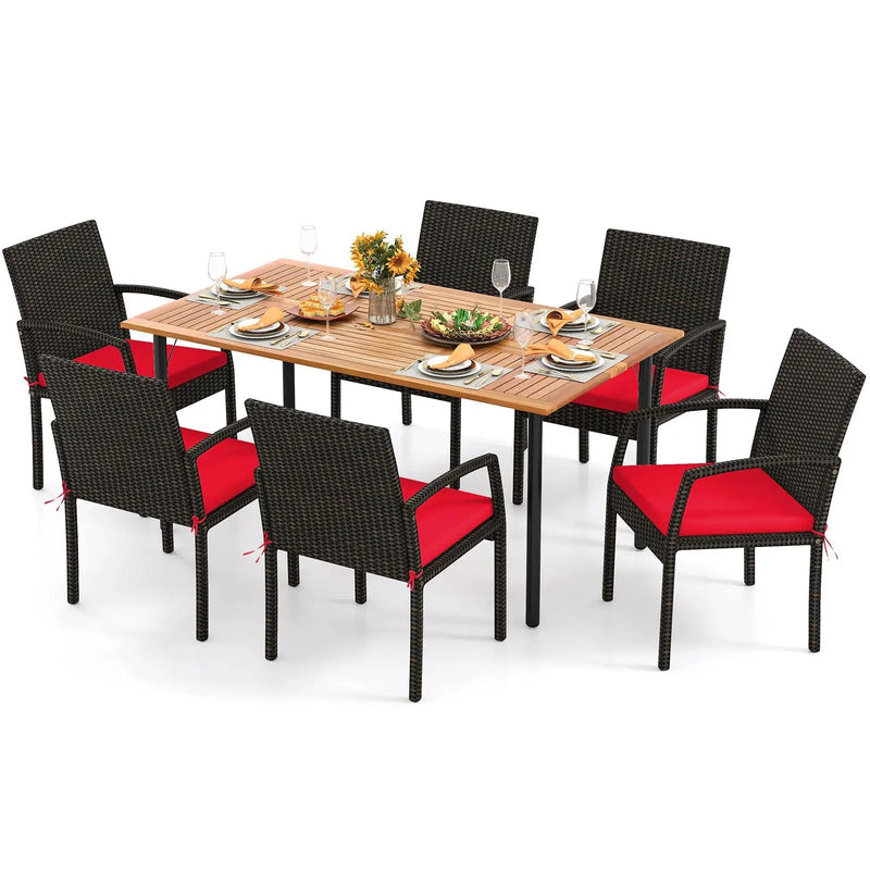 7 Pieces Outdoor Dining Set Acacia Wood Table with Umbrella Hole and Cushions by DirectDeals
