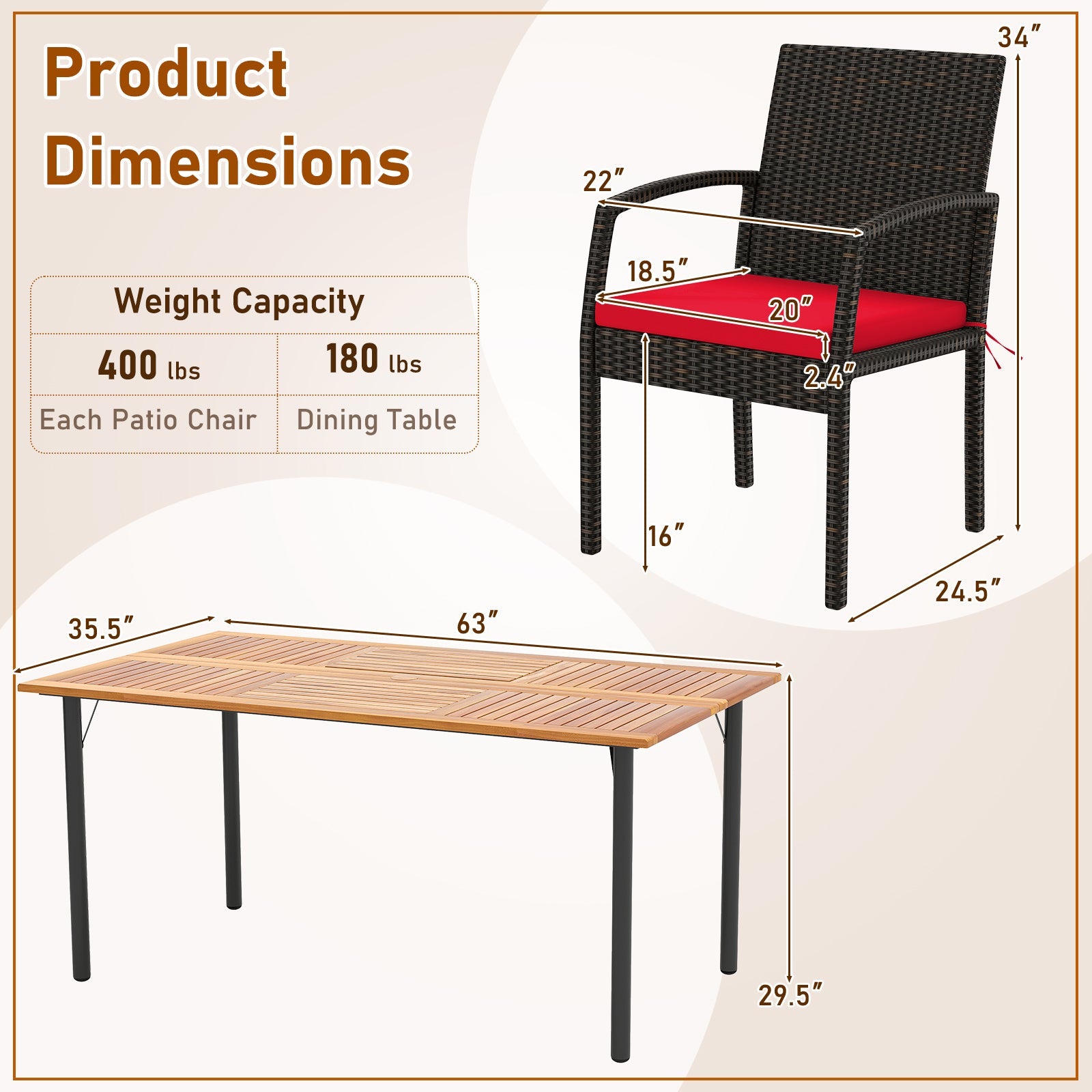 7 Pieces Outdoor Dining Set Acacia Wood Table with Umbrella Hole and Cushions by DirectDeals