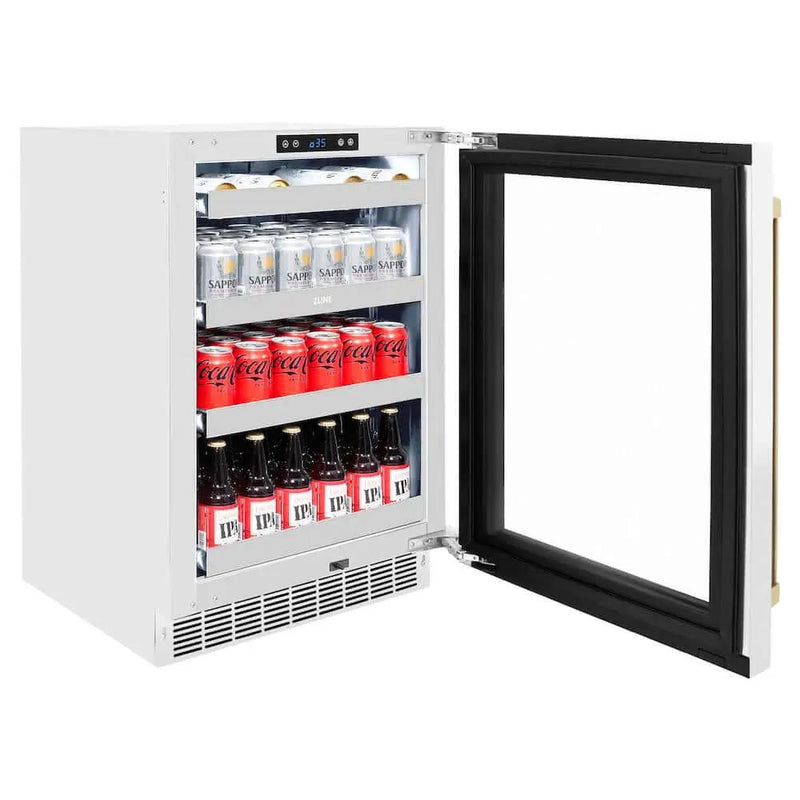 ZLINE 24" Touchstone 151 Can Beverage Fridge White Matte Glass Door Champagne Bronze Handle RBSOZ-WM-24-CB by Farmhouse Kitchen and Bath