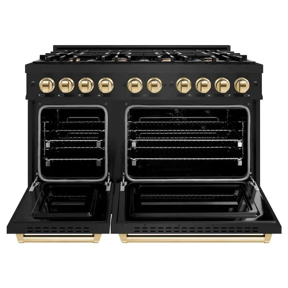 ZLINE 48" Classic Gas Range, Convection Gas Oven Black Stainless Steel, Gold CGRBZ-48-G by Farmhouse Kitchen and Bath