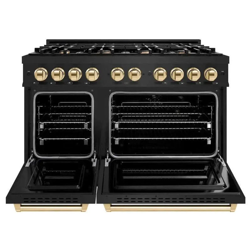 ZLINE 48" Classic Gas Range, Convection Gas Oven Black Stainless Steel, Gold CGRBZ-48-G by Farmhouse Kitchen and Bath