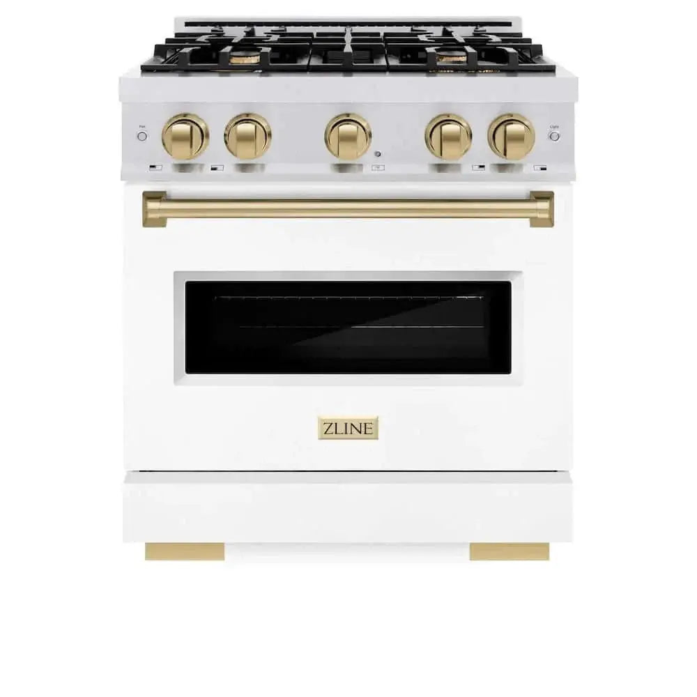 ZLINE 30"Classic Gas Range, Convection Gas Oven, DuraSnow® Stainless Steel, White Matte Door Champagne Bronze CGRSZ-WM-30-CB by Farmhouse Kitchen and Bath