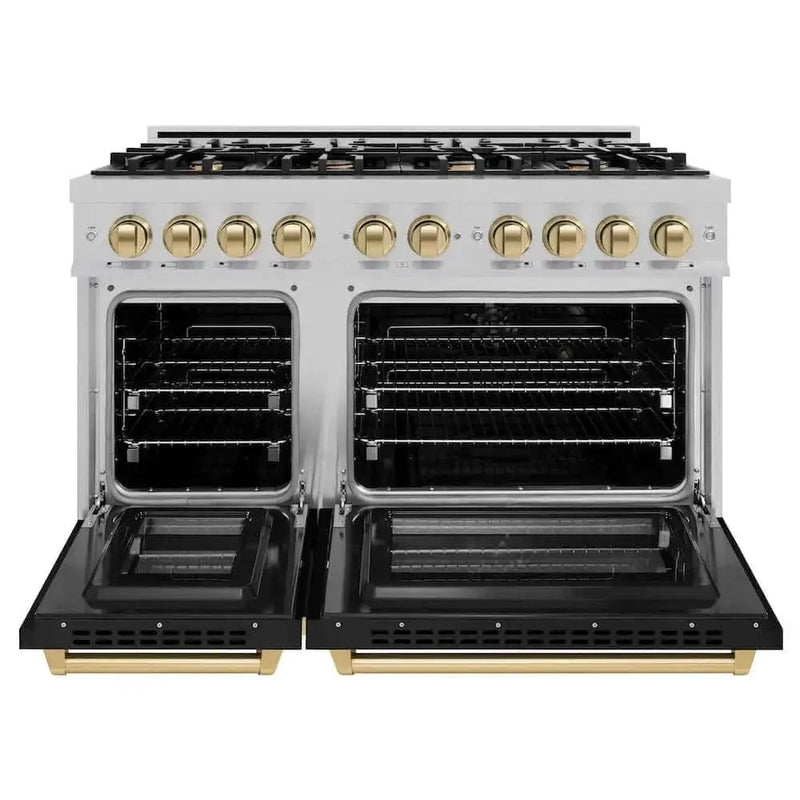 ZLINE 48" Select Gas Range Convection Gas Oven DuraSnow® Stainless Steel Black Matte Door Champagne Bronze HGRSZ-BLM-48-CB by Farmhouse Kitchen and Bath