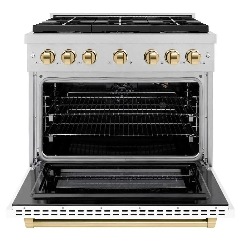 ZLINE 36"Gas Range, Convection Gas Oven, DuraSnow® White Matte, Gold SGRSZ-WM-36-G by Farmhouse Kitchen and Bath