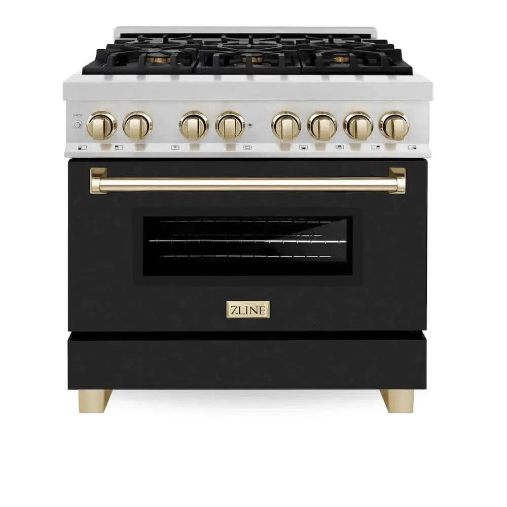 ZLINE 36" Autograph, Dual Fuel Range, Black Door, Gold, RASZ-BLM-36-G by Farmhouse Kitchen and Bath