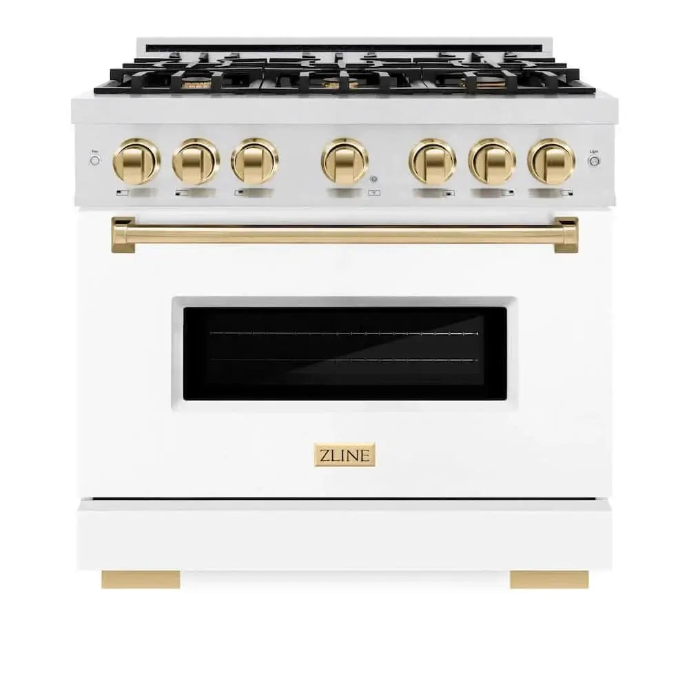 ZLINE 36"Classic Gas Range, Convection Gas Oven, DuraSnow® Stainless Steel, White Matte Door Polished Gold CGRSZ-WM-36-G by Farmhouse Kitchen and Bath