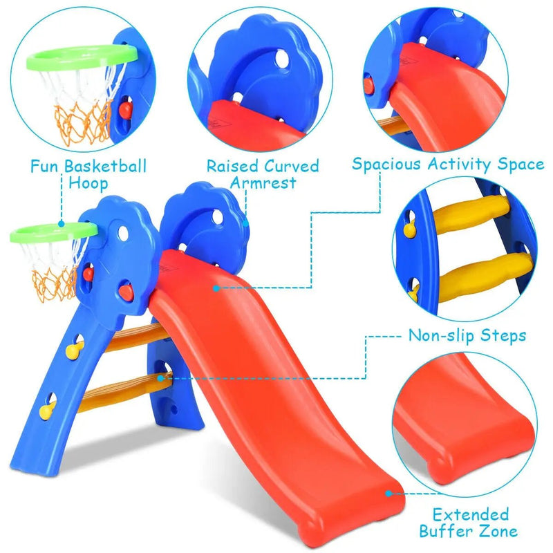 2 Step Indoors Kids Plastic Folding Slide with Basketball Hoop by DirectDeals