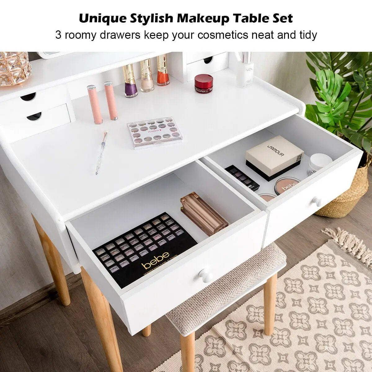 Makeup Vanity Set with 6 Drawers and Unique Shape Mirror by DirectDeals