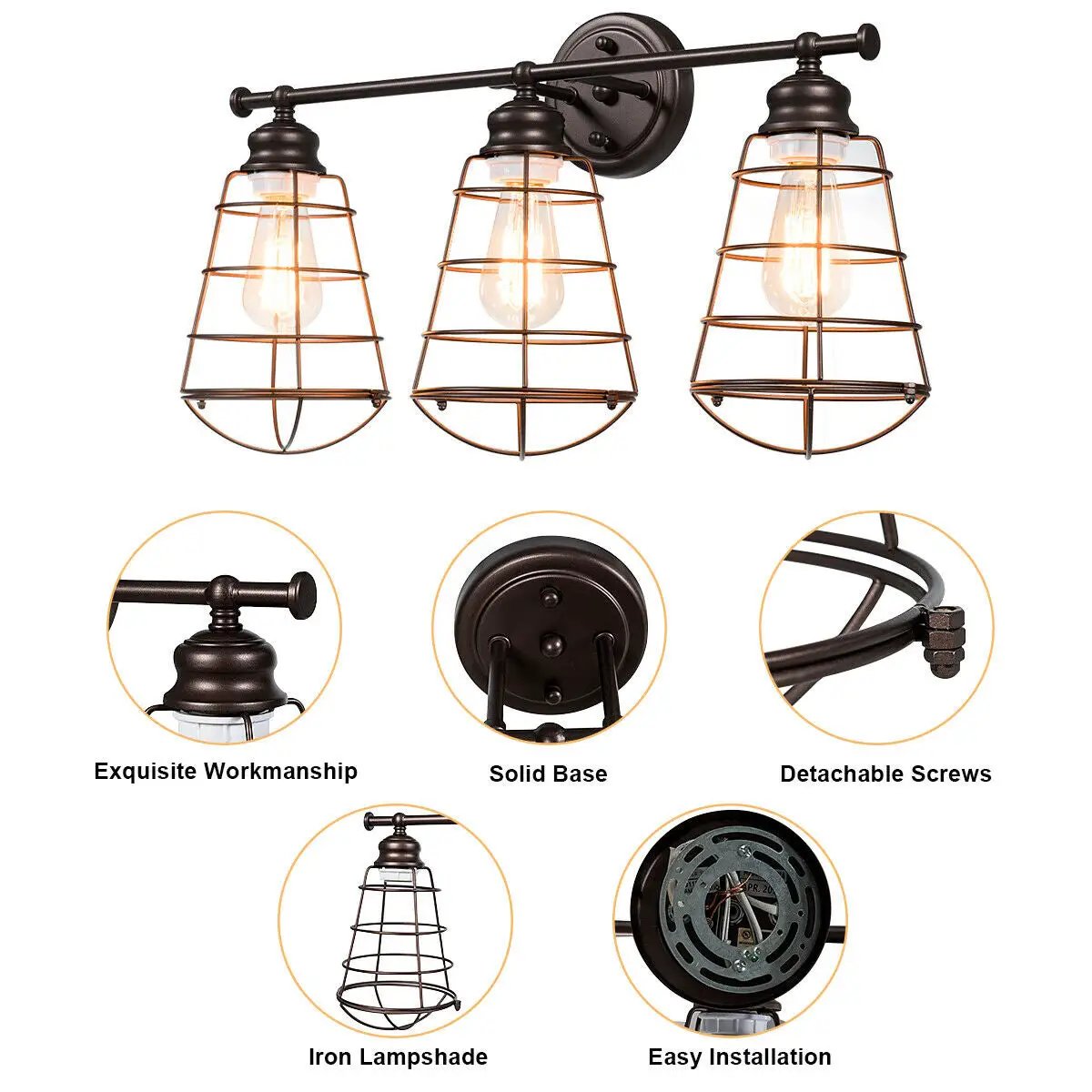 3-Light Vanity Lamp Bathroom Fixture with Metal Wire Cage by DirectDeals