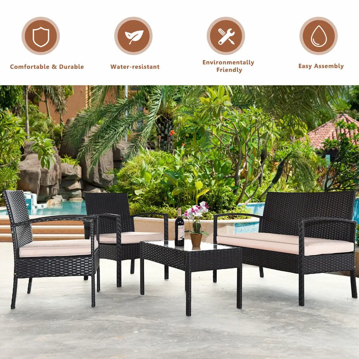 4 Pieces Patio Rattan Conversation Set with Loveseat Sofas and Coffee Table by DirectDeals