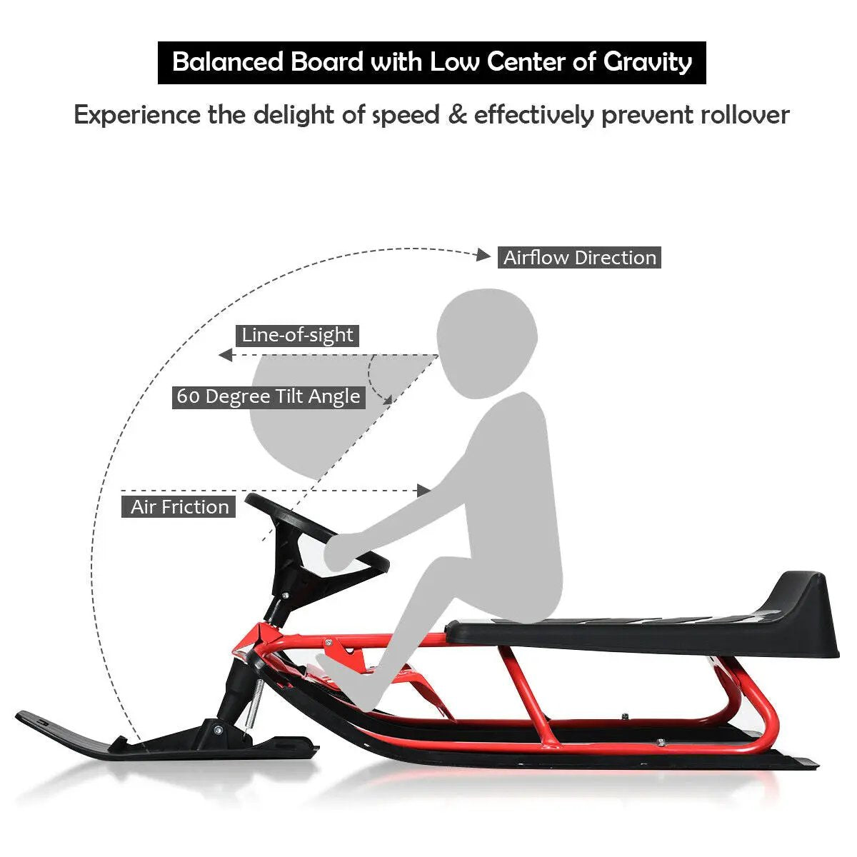 55.5 x 23.5 Inch Snow Sled with Steering Wheel and Double Brakes Pull Rope Slider by DirectDeals