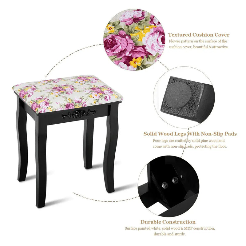 Vanity Wood Dressing Stool Padded Piano Seat with Rose Cushion by DirectDeals