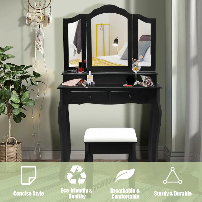 4 Drawers Wood Mirrored Vanity Dressing Table with Stool by DirectDeals