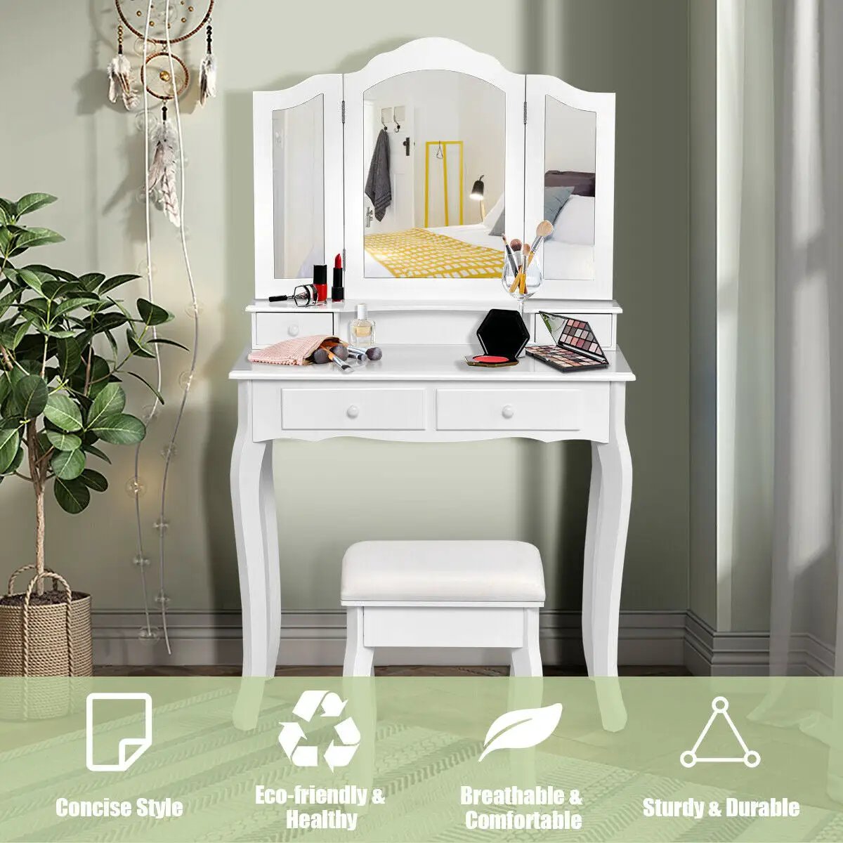 4 Drawers Wood Mirrored Vanity Dressing Table with Stool by DirectDeals