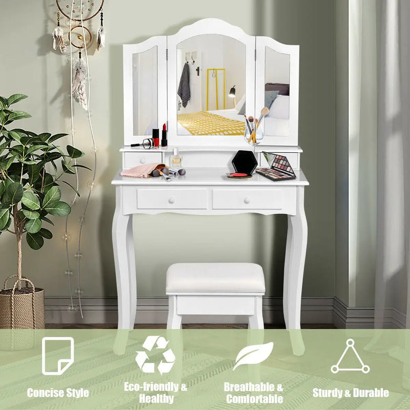 4 Drawers Wood Mirrored Vanity Dressing Table with Stool by DirectDeals