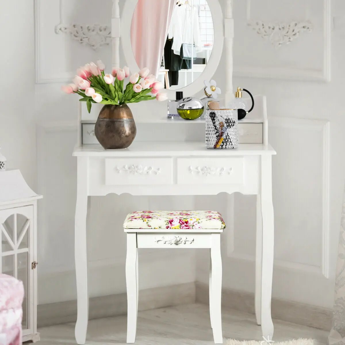 Vanity Wood Dressing Stool Padded Piano Seat with Rose Cushion by DirectDeals