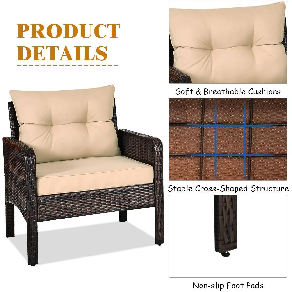 3 Pcs Outdoor Patio Rattan Conversation Set with Seat Cushions-Black by DirectDeals