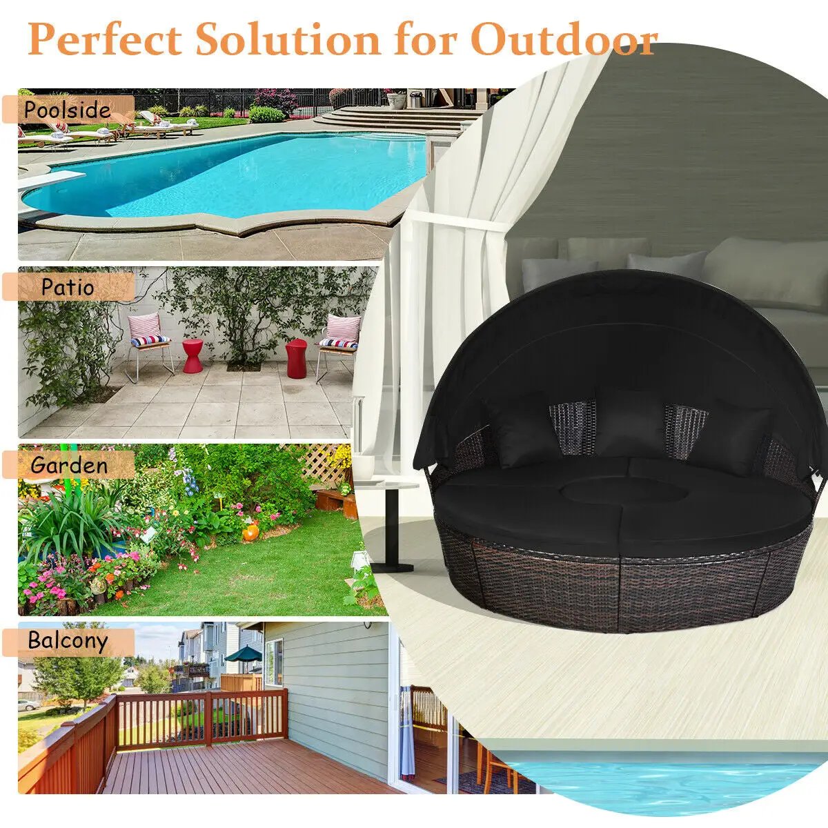 Patio Round Daybed Rattan Furniture Sets with Canopy by DirectDeals