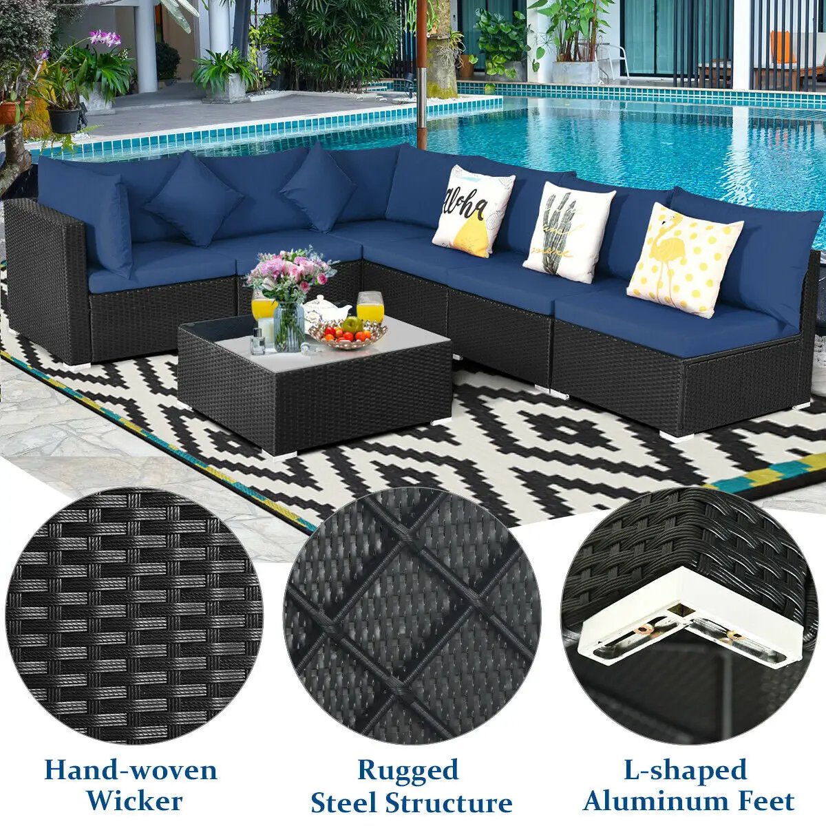 7 Pieces Sectional Wicker Furniture Sofa Set with Tempered Glass Top-Red by DirectDeals